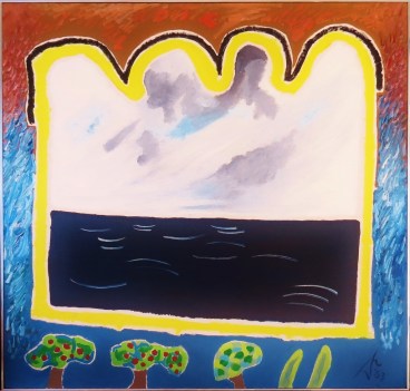 Expatratriate series 2. 1983. Daphne Mason. Oil on canvas stretcher. 77.5cm W x 77.5cm H