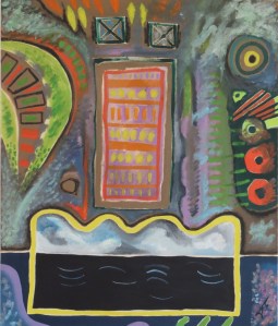 Expatriate celebration Of Living Phase 1. 1979. Daphne Mason. Oil on canvas stretcher. 78cm W x 92.5cm H